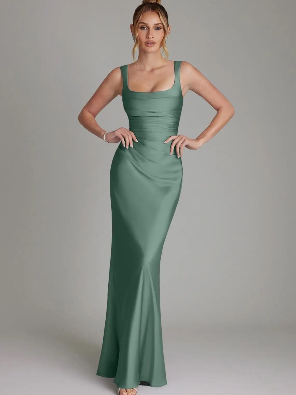 Azazie Sage Green Square-Neck Satin Maxi Dress
